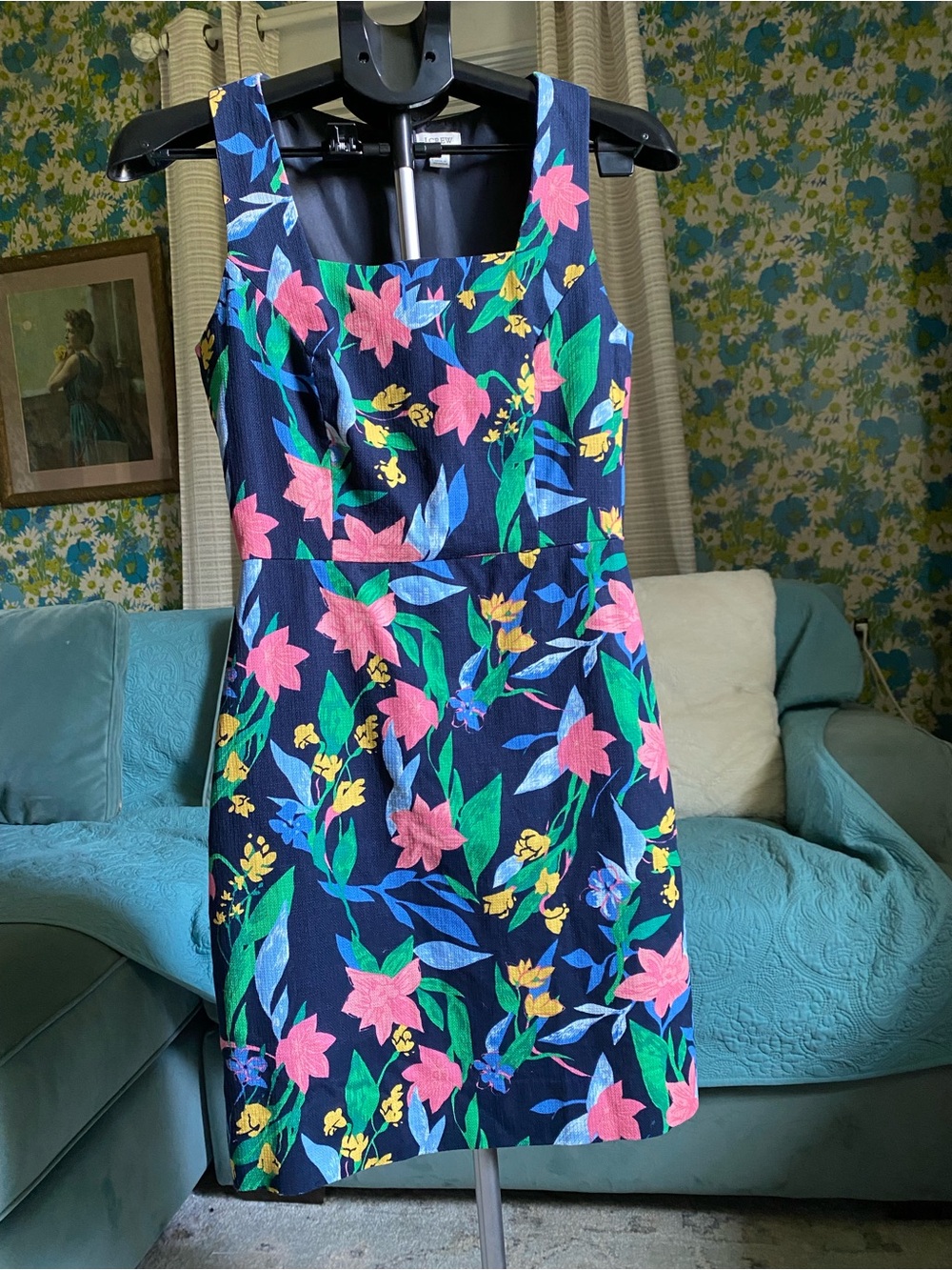 J. Crew Navy Floral Mini Dress with Pink & Green Bloom